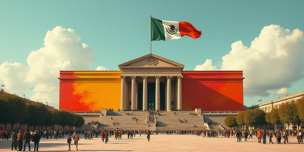 a large building with a flag flying in front of it and a crowd of people in the plaza below, David A
