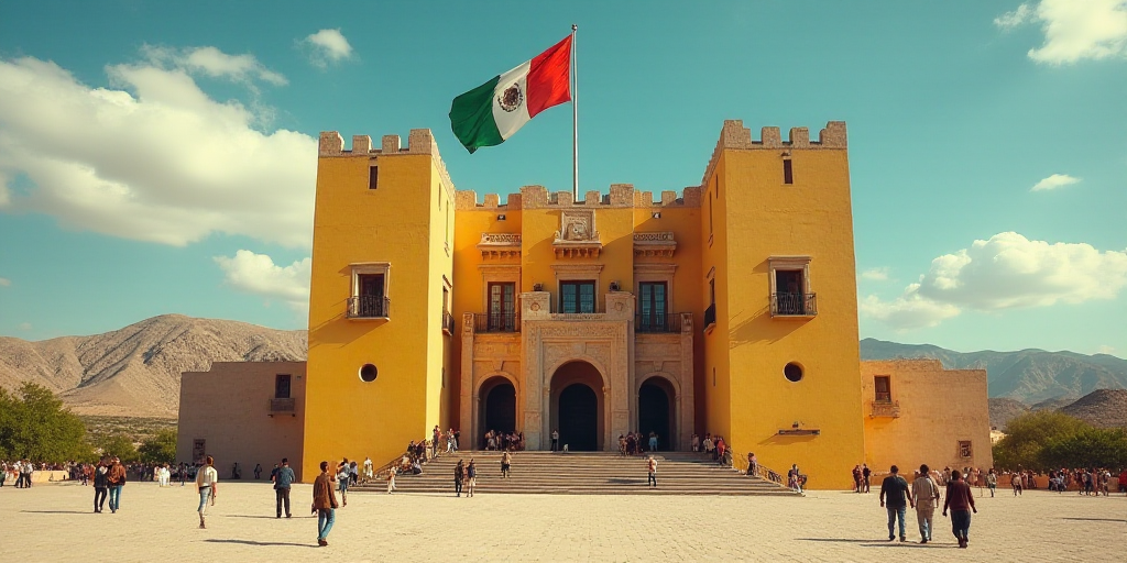a large building with a flag flying in front of it and people walking around it in front of it, Davi