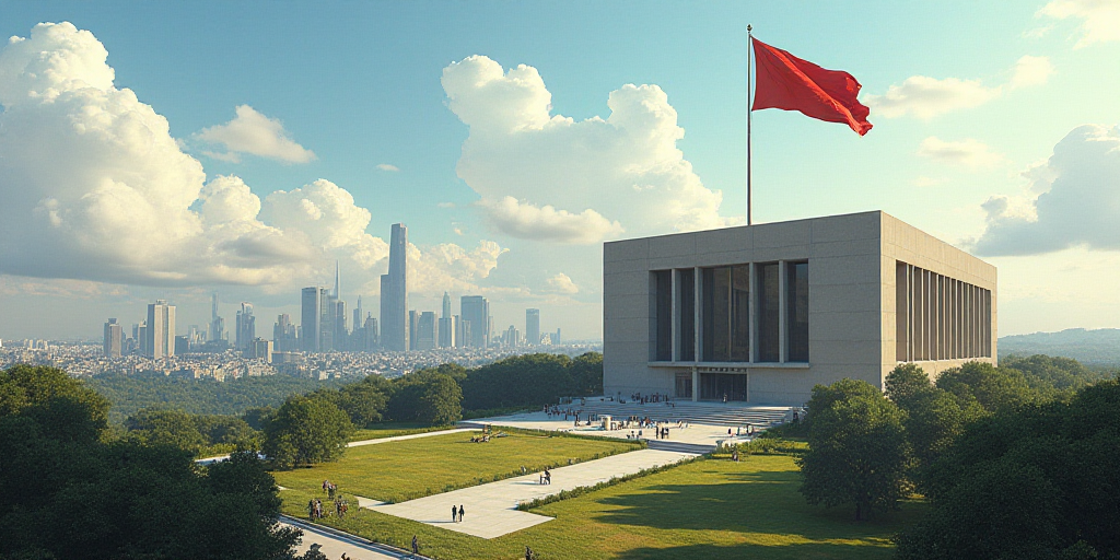 a large building with a flag flying in front of it and a city in the background with tall buildings,