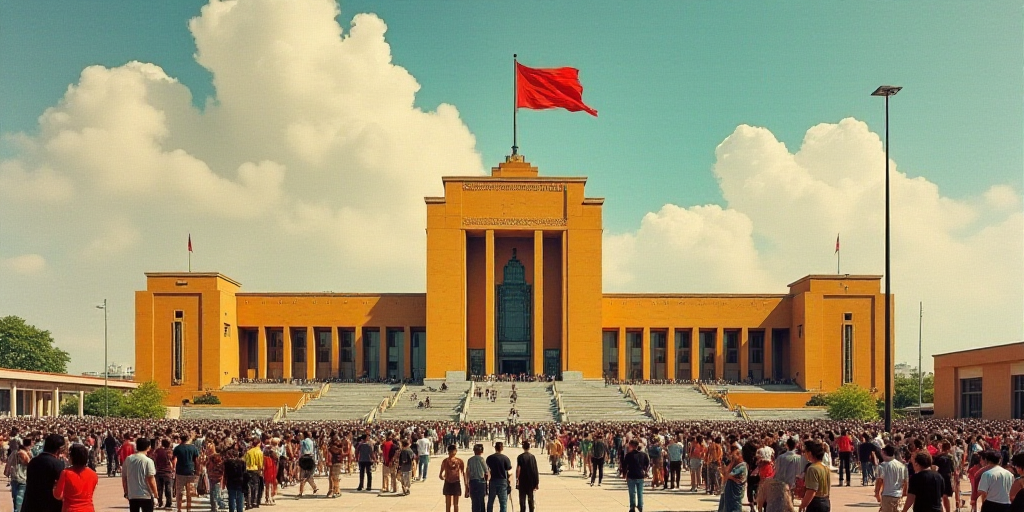 a large building with a flag flying in front of it and a crowd of people in the plaza below, David A