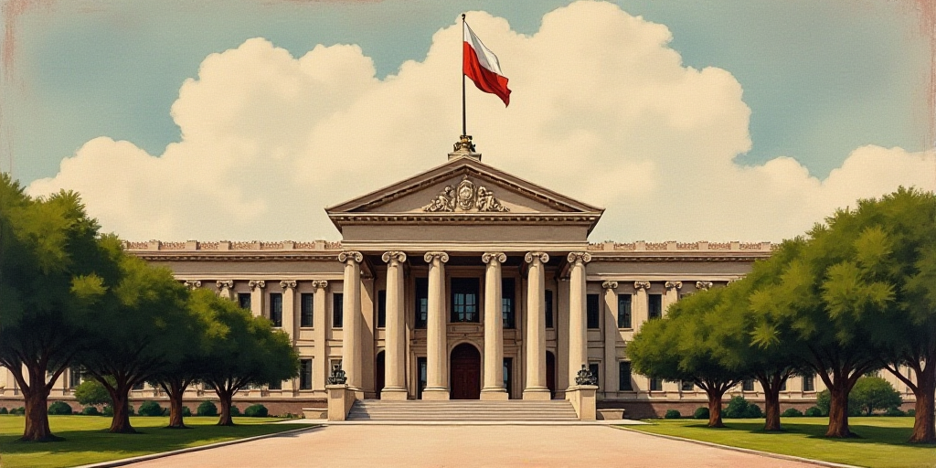 a large building with a flag on top of it's roof and trees around it's entrance, David Alfaro Siquei