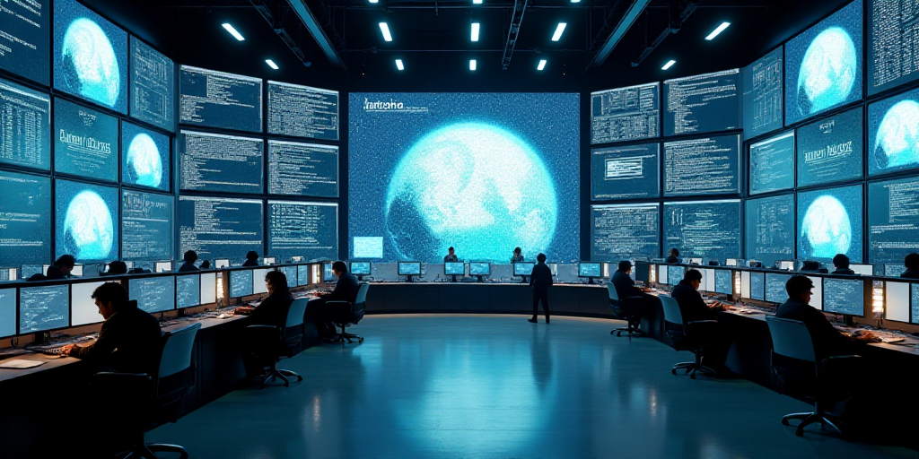 a large building with a lot of monitors on the wall and people working on computers on the floor in