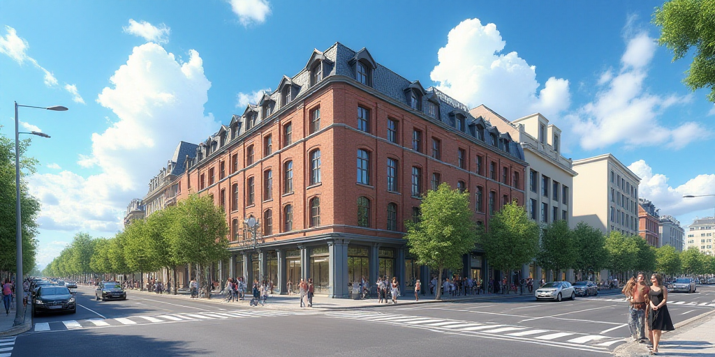 a large building with a lot of people walking around it on a street corner with a blue sky in the ba