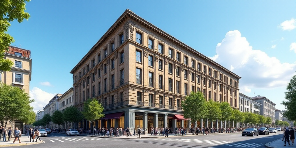 a large building with a lot of people walking around it on a street corner with a blue sky in the ba