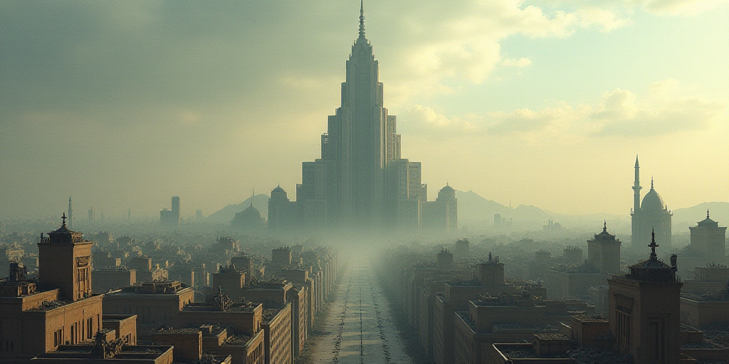a large building with a tall tower in the middle of a city with a sky background and a few buildings