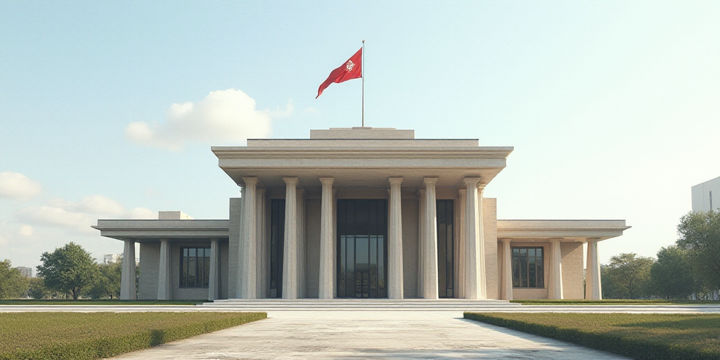 a large building with columns and a flag on top of it's roof and a flagpole on top of it, Bracha L.