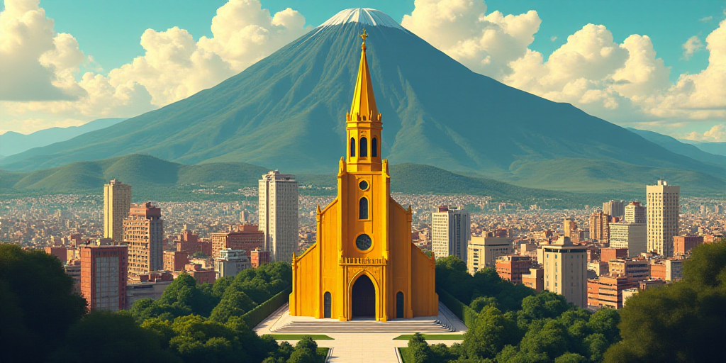 a large cathedral with a yellow steeple in the middle of a city with tall buildings and a mountain i