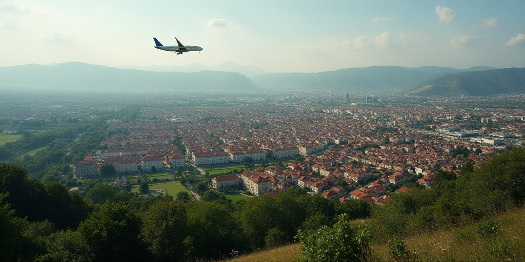 a large city with a lot of houses and lots of land in it and a plane flying over it, Altichiero, aer