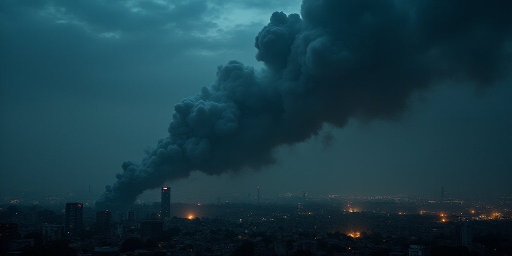 a large cloud of smoke is rising from a city at night time with lights in the distance and a dark sk