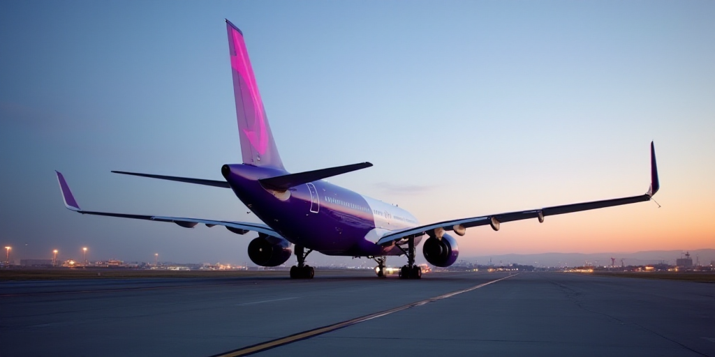 a large commercial airplane on a run way at an airport with a purple tail on the tail end of the pla