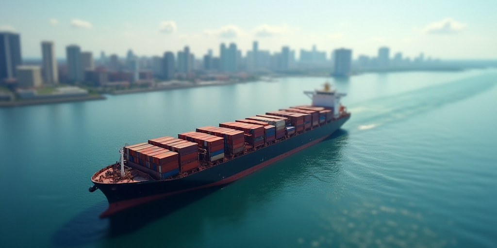 a large container ship in a large body of water with a city in the background and a large container