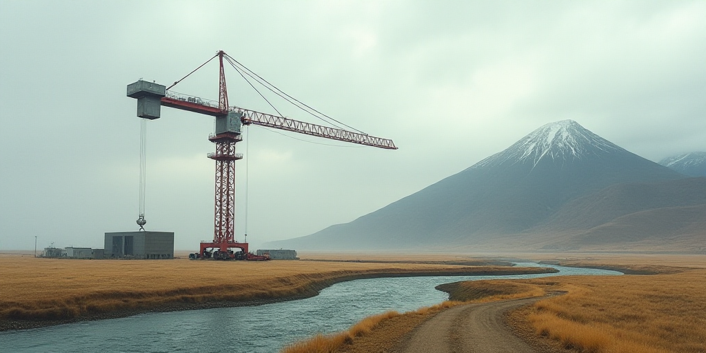 a large crane is in a large open area of land with a mountain in the background and a river running