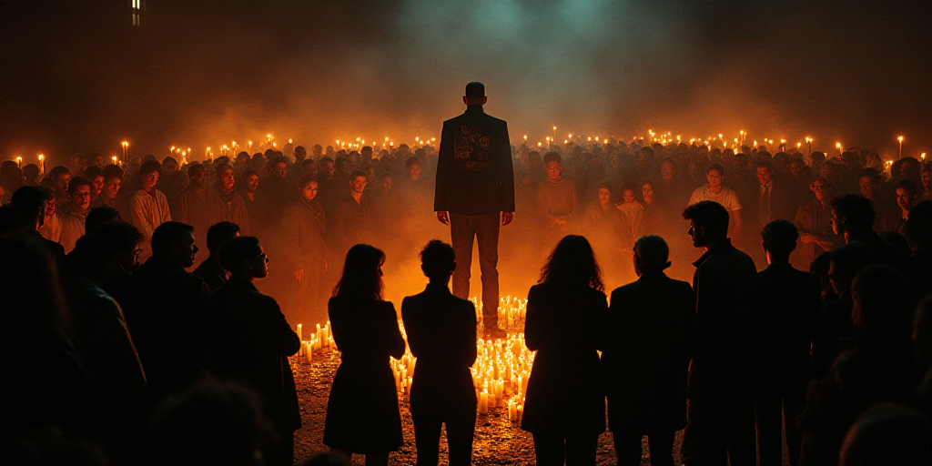 a large crowd of people standing around a candle lit area with a poster of a man in a black suit, Fe