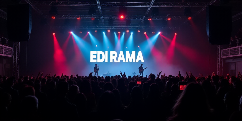 a large crowd of people watching a concert on stage with lights on and a stage name projected on the