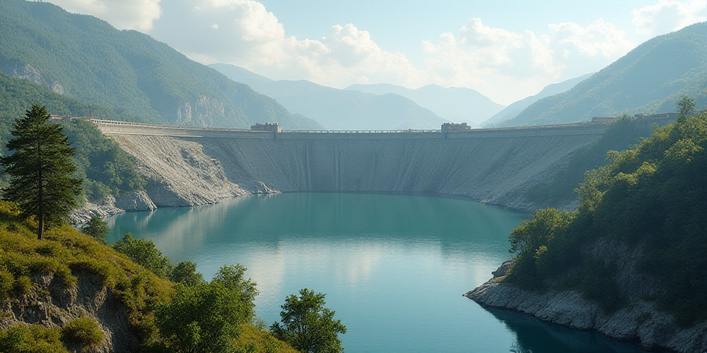 a large dam with a large body of water in the background and a large body of water in the foreground