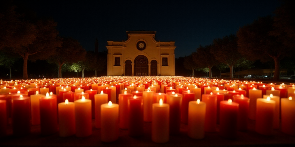 a large display of candles in the dark with a building in the background at night time with a clock
