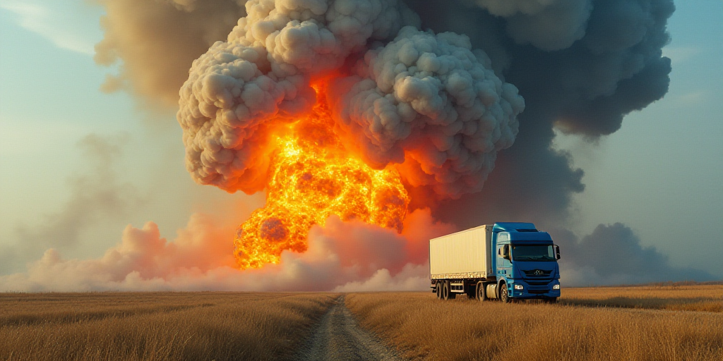 a large explosion of smoke and fire in a field with a blue truck in the background and a blue and wh