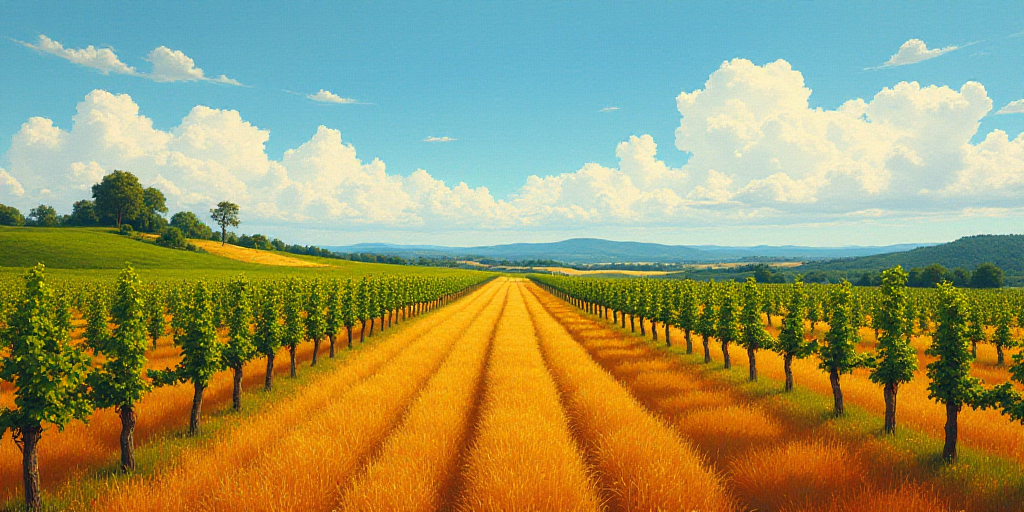 a large field of trees with a sky background and a few clouds in the distance, with a few hills in t