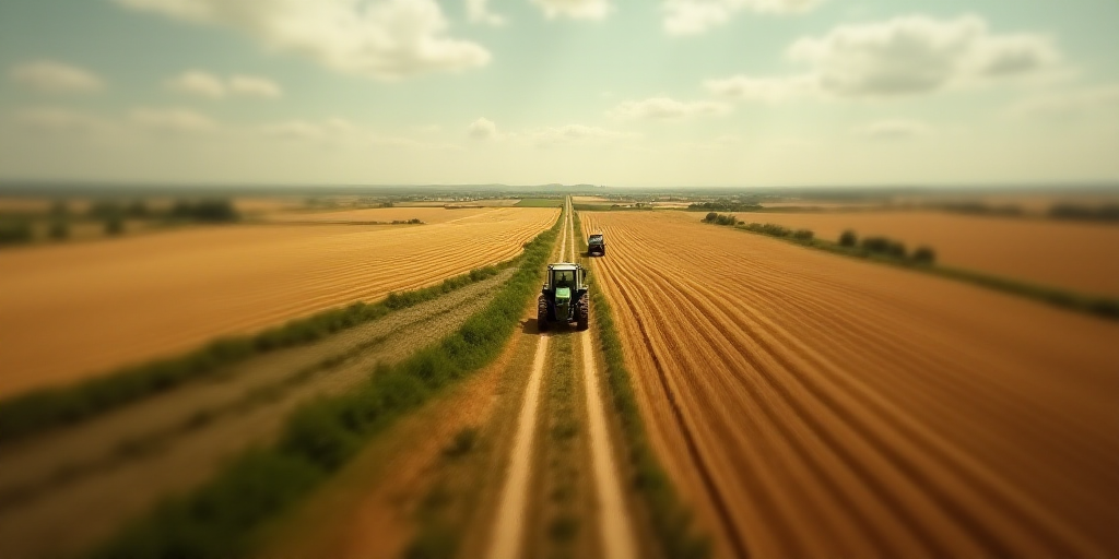 a large field with a tractor and a truck on it and a road in the middle of it with a dirt road, Edi