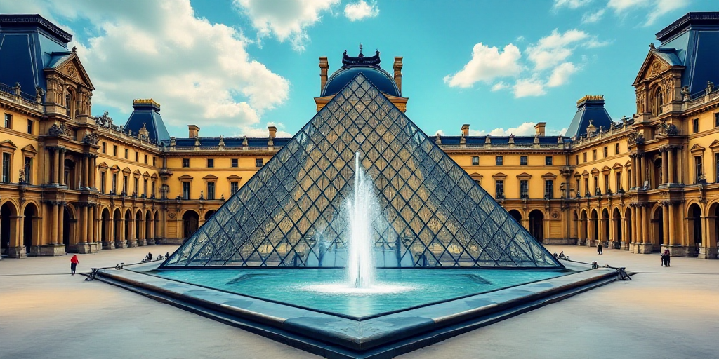 a large glass pyramid in front of a building with a fountain in front of it and a sky background, Ar