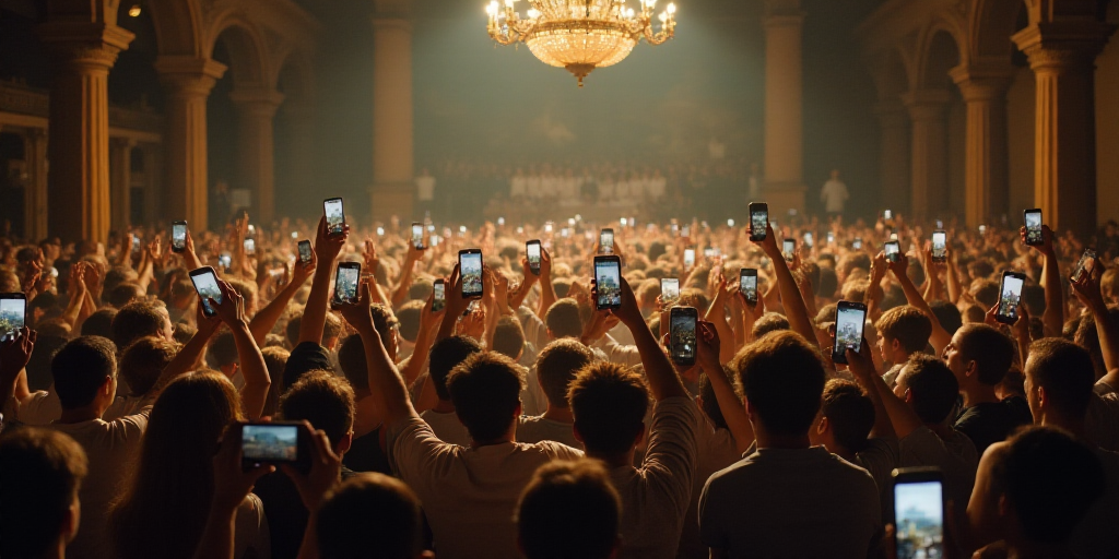 a large group of people are surrounded by microphones and cameras as they hold up their phones in a