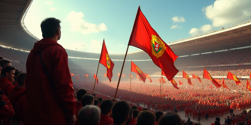 a large group of people holding flags in a stadium with a crowd watching them from the stands and a