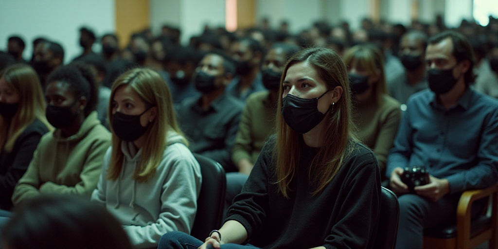 a large group of people sitting in a room with masks on their faces and one woman with a camera, Aqu