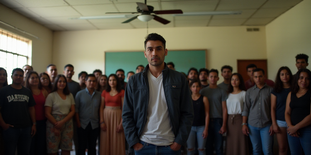 a large group of people standing together in a room with a ceiling fan in the background and a man s