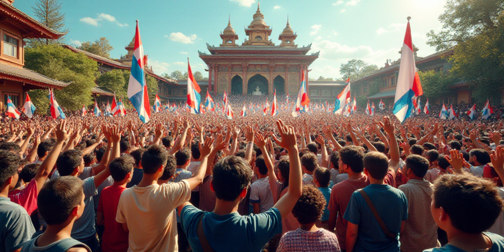 a large group of people standing in front of a building with flags on them and waving at the camera,