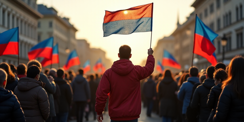 a large group of people standing in a street together with a flag on their head and a banner on thei