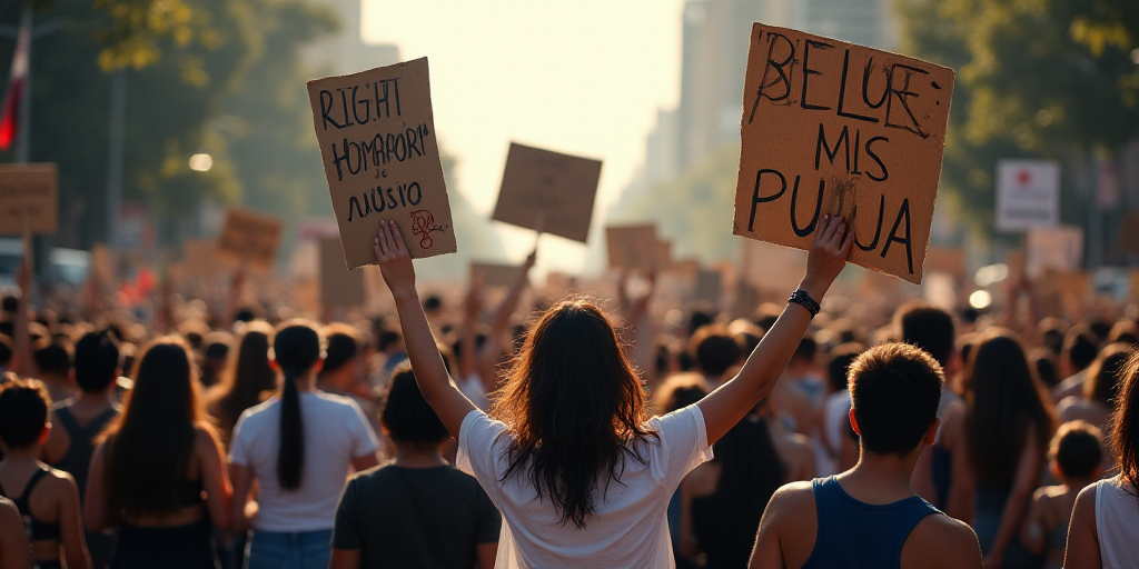 a large group of people walking down a street holding signs and banners in the air and walking down