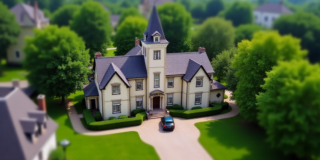 a large house with a tower and a car parked in front of it on a street with trees and houses, Arling
