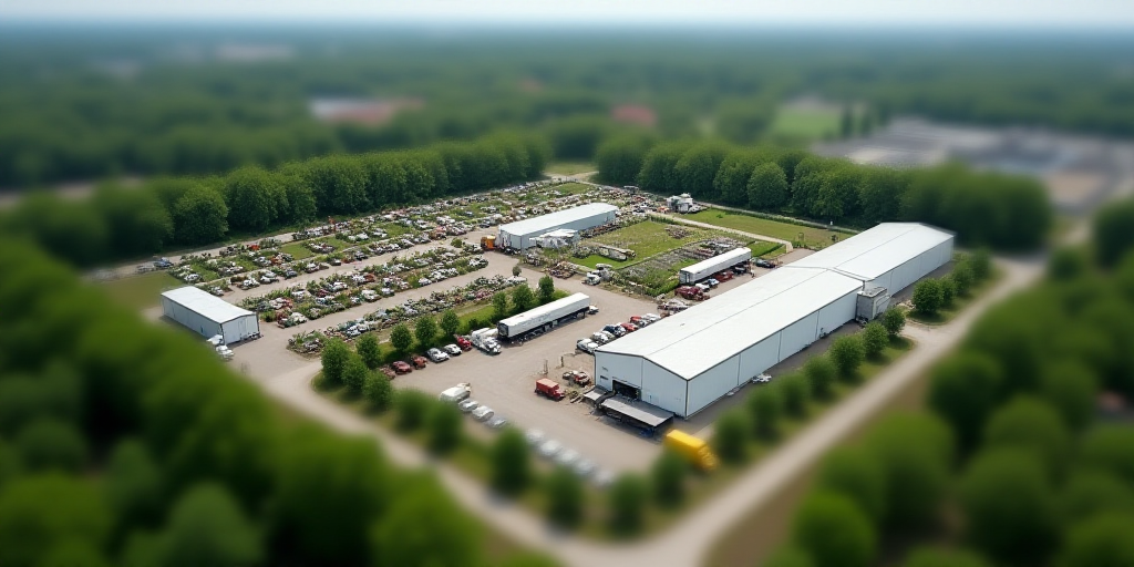 a large industrial area with a lot of trees and trucks parked in it and a building with a large whit