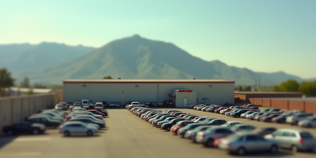 a large industrial building with a lot of cars parked in front of it and a mountain in the backgroun