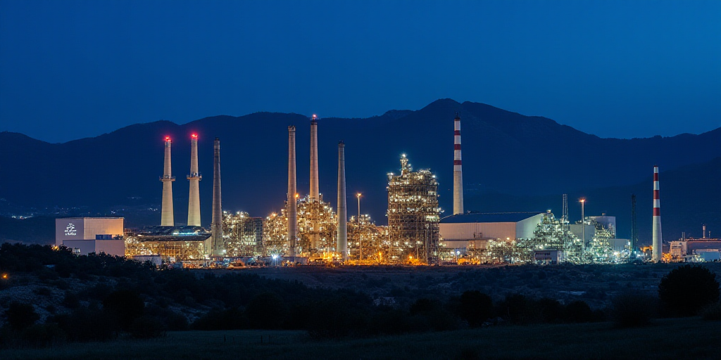 a large industrial plant lit up at night time with mountains in the background and a blue sky above