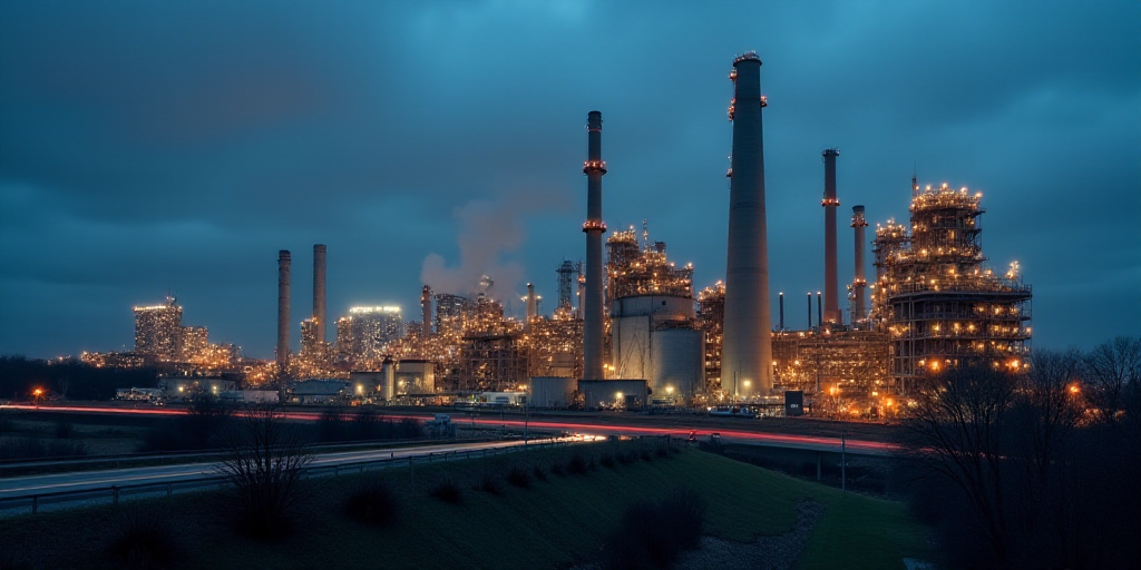 a large industrial plant with a lot of lights on it's sides and a highway in the background, Arlingt