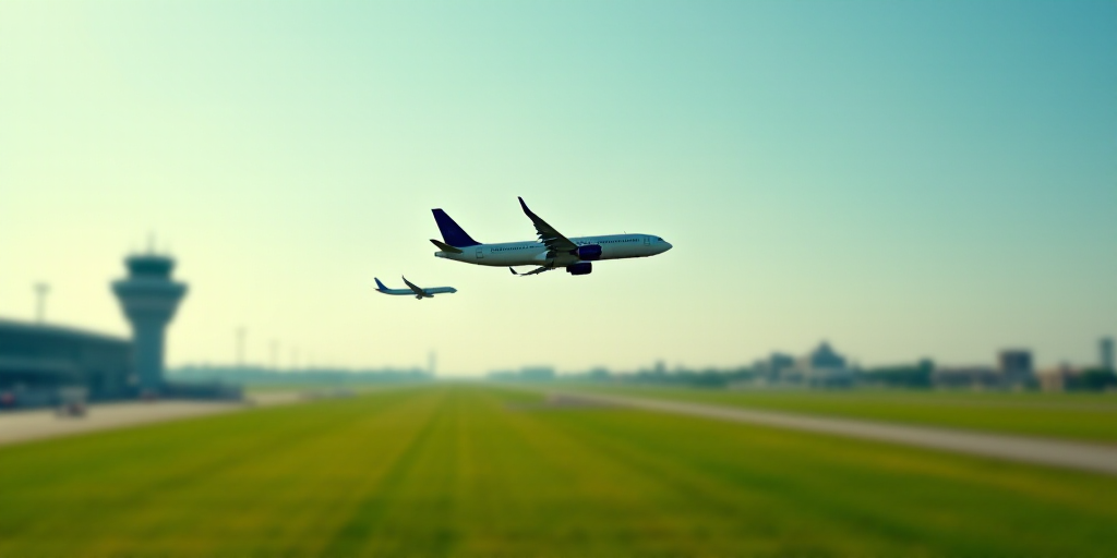 a large jetliner flying over a lush green field next to an airport runway with a passenger jet in th