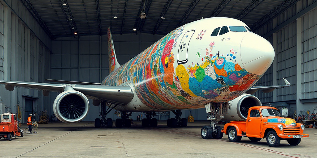 a large jetliner sitting inside of a hangar under a metal roof with a truck underneath it and a truc