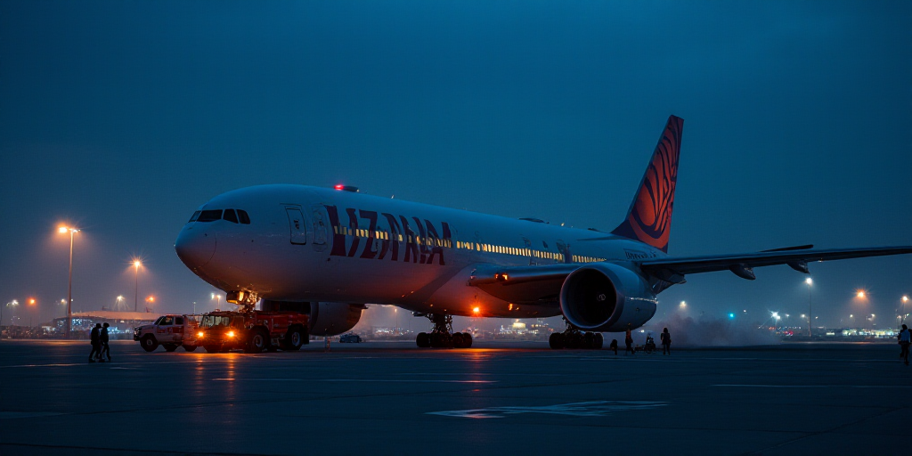 a large jetliner sitting on top of an airport tarmac at night with people walking around it and a tr