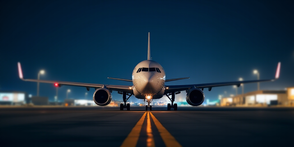 a large jetliner sitting on top of an airport tarmac at night time with lights on it's wings, Bernd