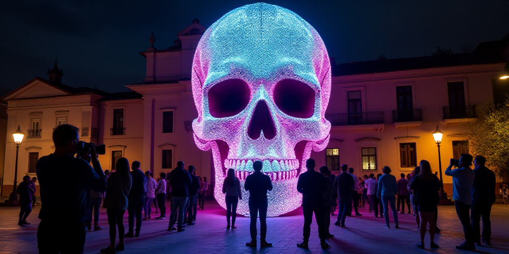 a large lighted skull in front of a building with people taking pictures of it at night time with a