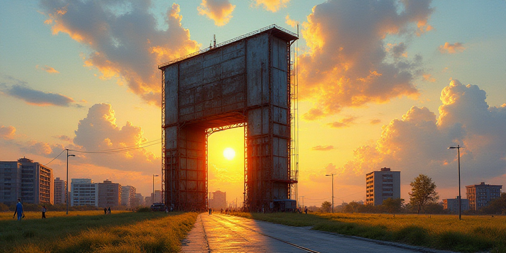 a large metal structure with a sun setting behind it and a sky background with buildings in the back