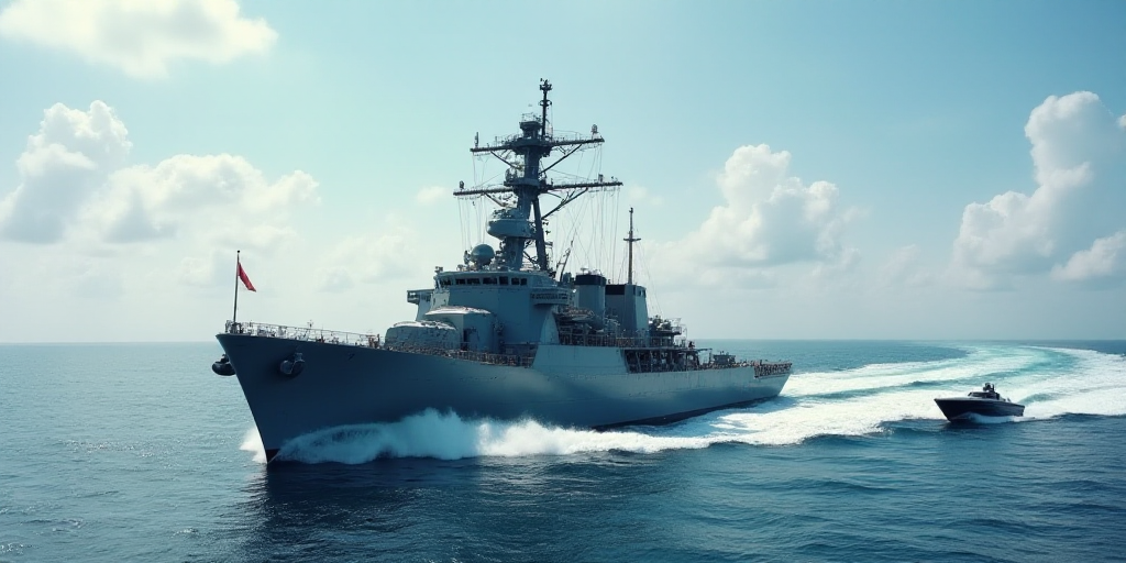 a large navy ship sailing across the ocean with a jet boat in the background on the water near the s