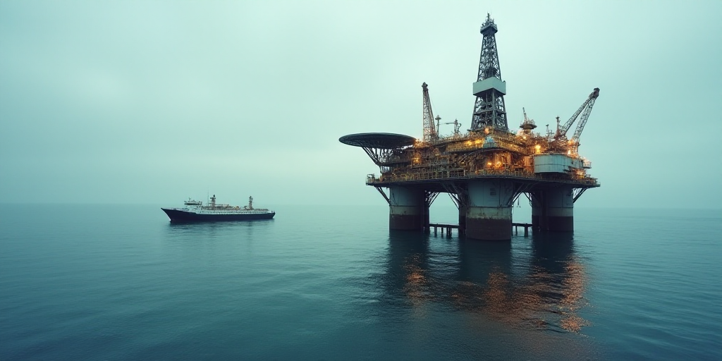a large oil rig sitting on top of a large body of water next to a boat in the ocean, Bascove, oil, a