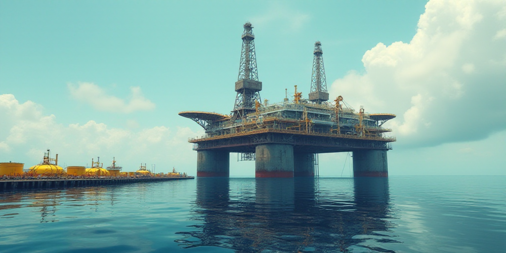 a large oil rig sitting on top of a large body of water next to a pier with lots of yellow equipment