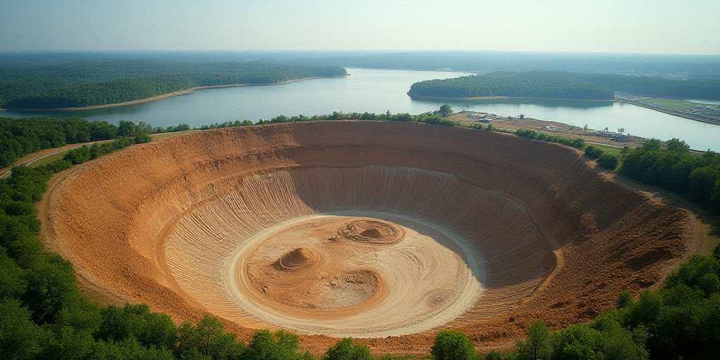 a large open pit with a lot of dirt and dirt roads in it's center and a body of water in the backgro