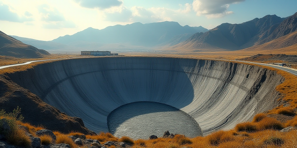 a large open pit with a mountain in the background and a road running through it and a building on t