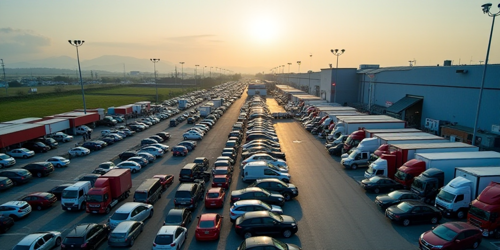 a large parking lot filled with lots of cars and trucks parked next to each other in front of a fact