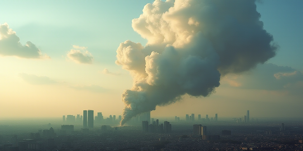 a large plume of smoke billows from a building in the city of a city with a sky background, Elbridge