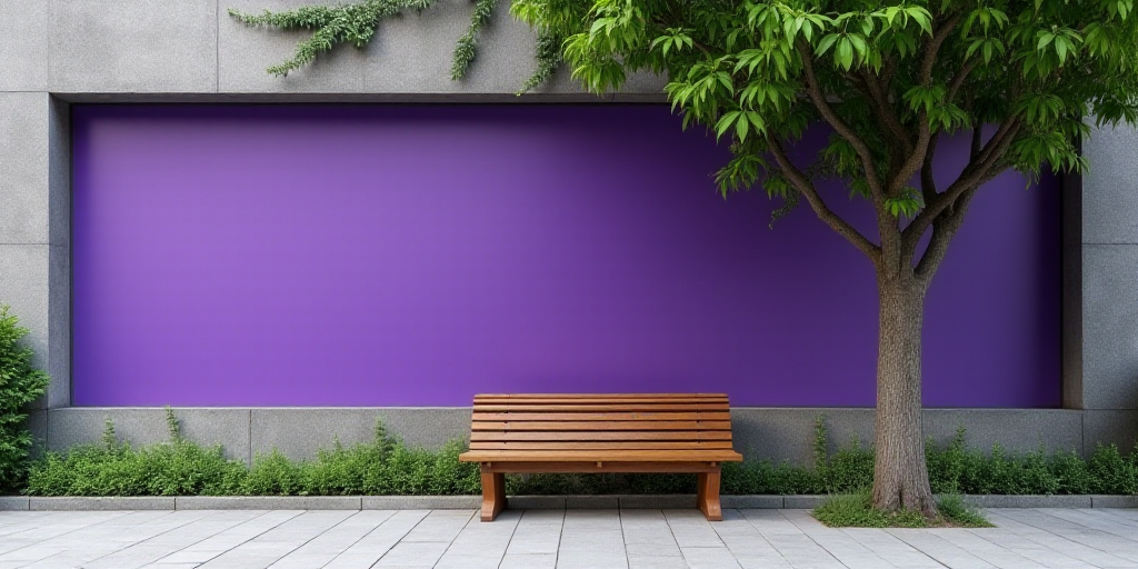 a large purple sign sitting in front of a building next to a tree and a bench in front of it, Cui Ba